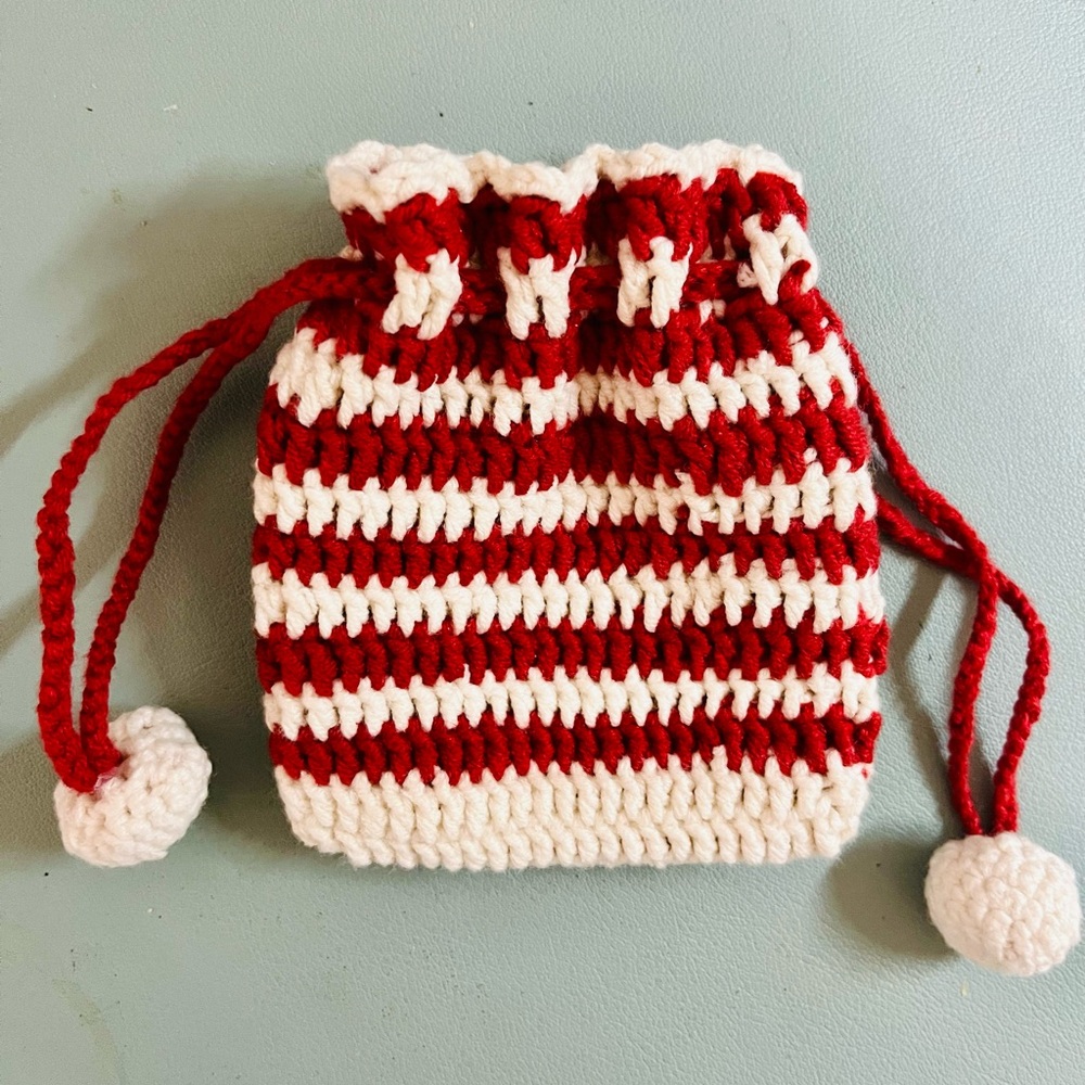 Handmade Red and White Striped Crochet Drawstring Purse